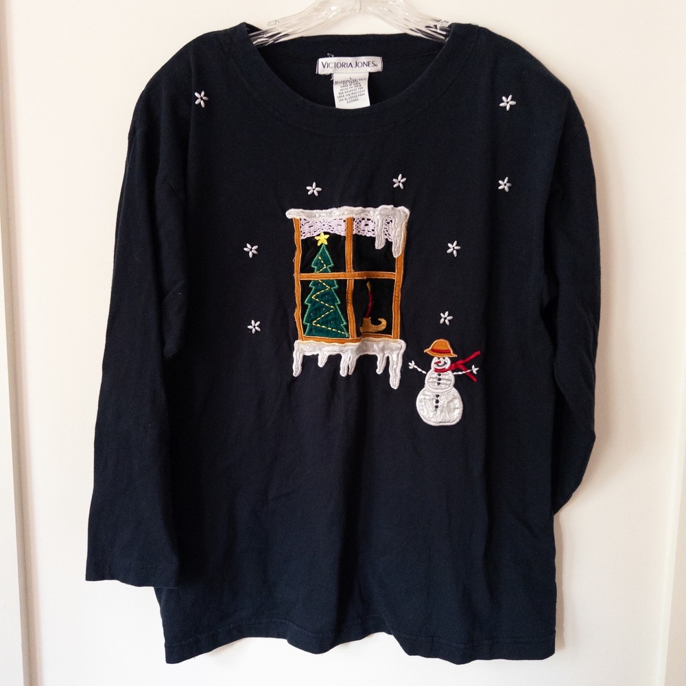 Vintage 90s Christmas Embroidered Long‎ Sleeve Shirt Womens L Snowman Winter